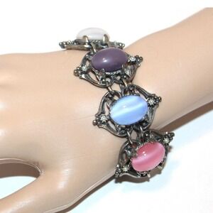 Vtg 1960's Multi Color Glass Ornate Chunky Mid Century Link Bracelet Silver Tone